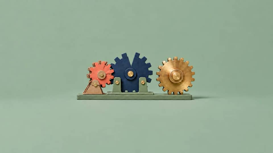 One artifact gear meshes with a cardboard substitute while a brass dependency gear waits separately beside it.