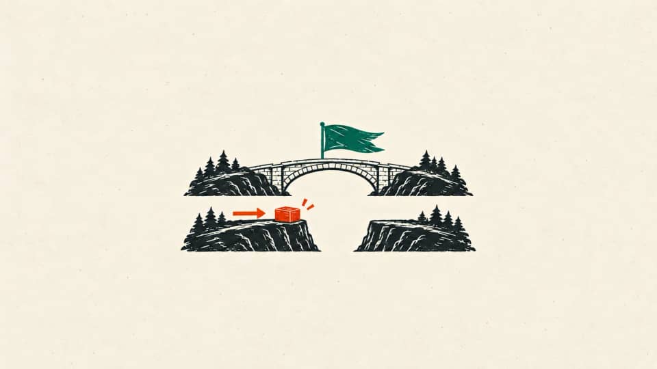 An emerald report sits above a complete bridge sketch while an independent red test parcel stops at a gap below.