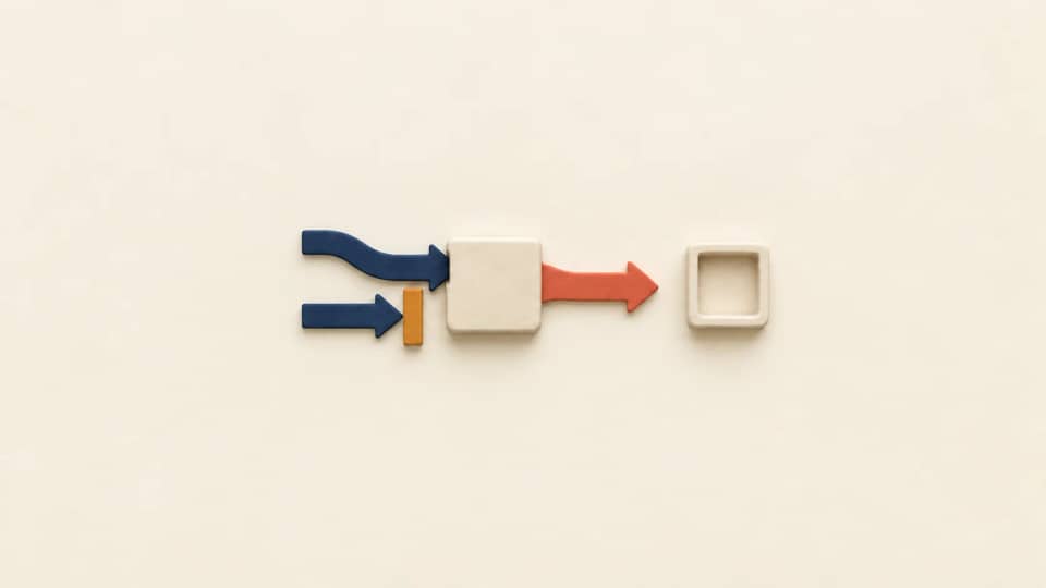 An action ribbon enters a worker tile; its return path is broken and a second action tab remains behind a stop bar.