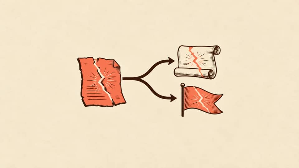 A torn input sheet branches to a context scroll and a coral status pennant carrying the same failure mark.