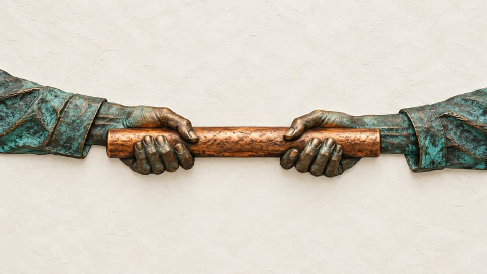 Two hands firmly support the same copper baton as one owner accepts it while the sending owner maintains a grip.