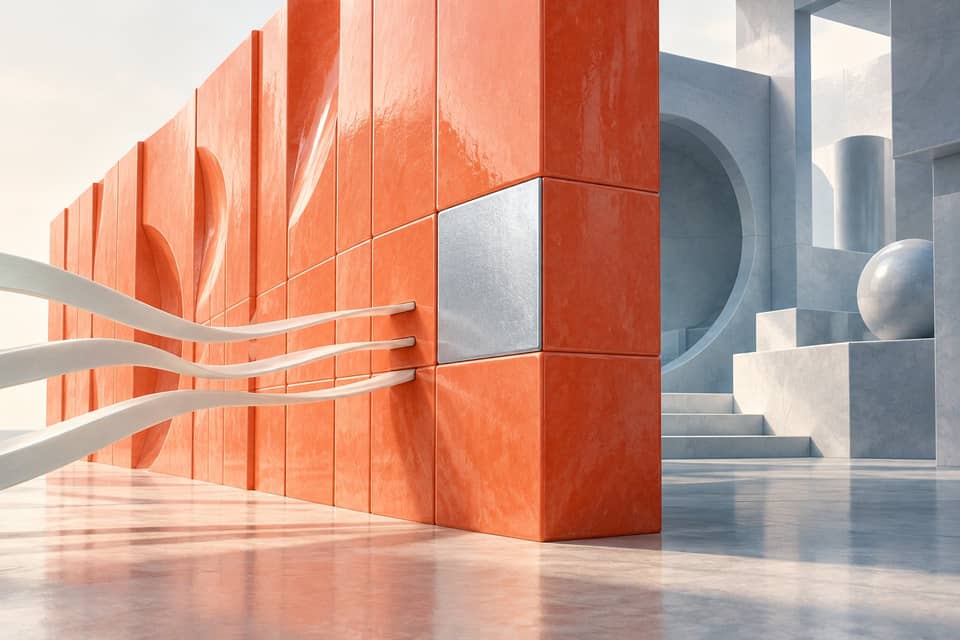 A coral architectural partition has one silver replacement panel, with pale ribbons stopping at the wall.