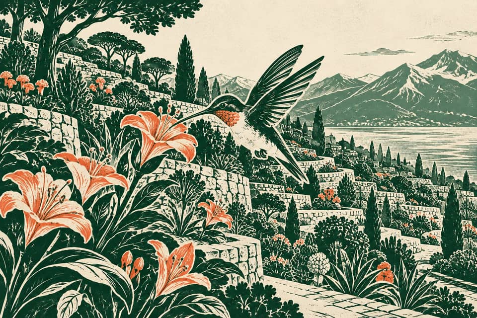 A linocut hummingbird visits coral flowers in a large green terraced garden.