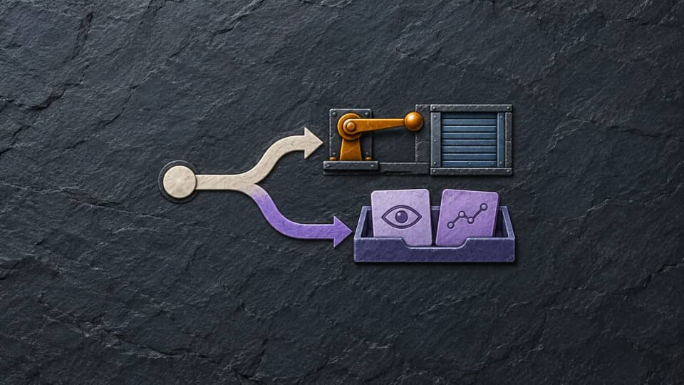 A branching procedure leaves an action lever unpulled beside a closed evidence shutter and carries observations to an open handover tray.