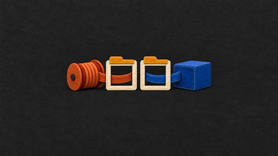 Two matching path tabs mark separate windows: one connects to a terracotta recovery-data reel and the other to a cobalt storage block.