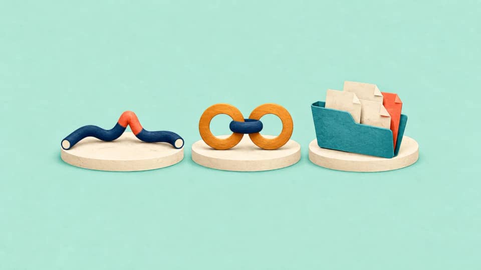 An unusual kinked cord, two linked event rings and a source-filled dossier with an unresolved tab sit on separate bases.