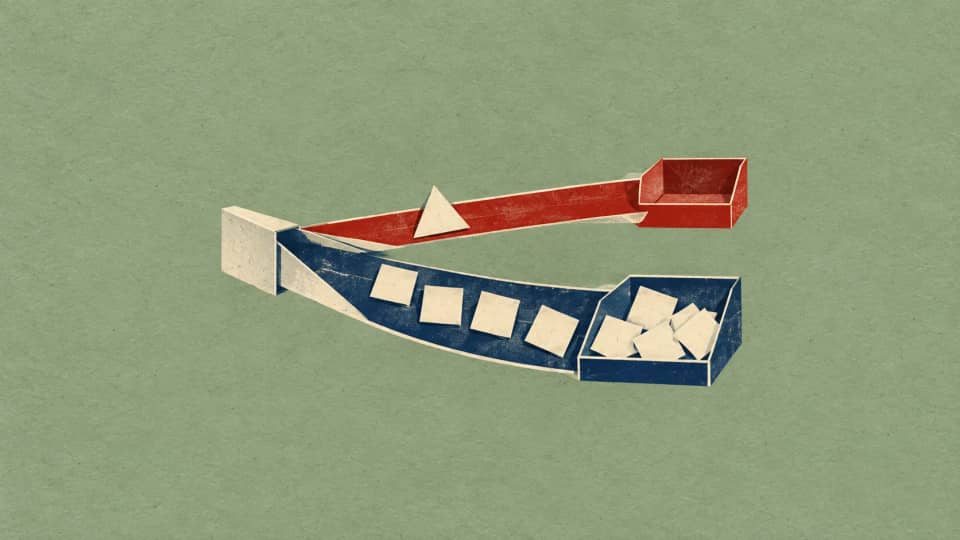 Two paper request lanes share an inlet; square slips fill one pocket while a triangle remains waiting in the other lane.