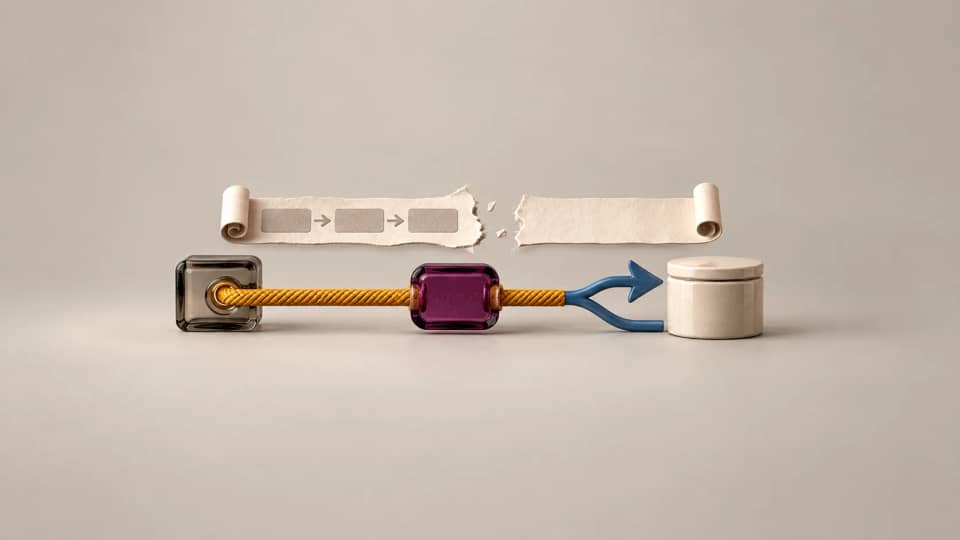 An operation tab survives beneath a torn execution strip, with an inspection fork leading to a closed destination vessel.