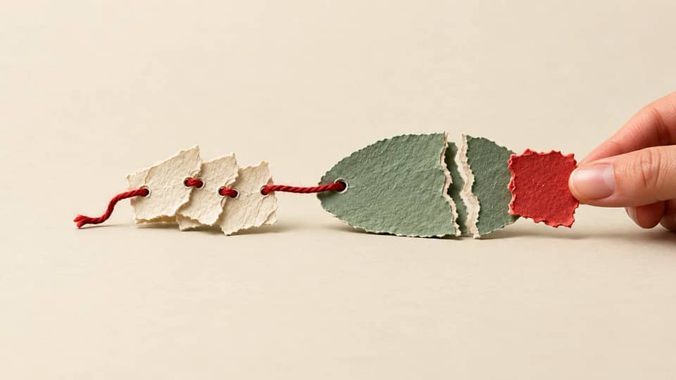 A red thread binds several ivory attempt leaves to a sage summary with an open gap and a hand holding a patch beside it.