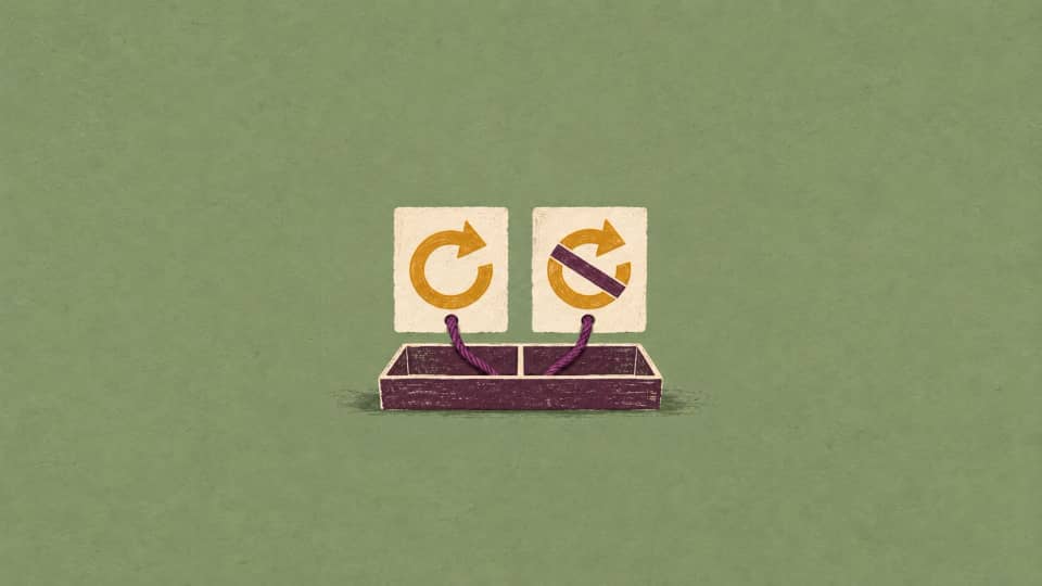Two source cards show a restart arrow and a barred restart arrow, each connected separately to an open comparison tray.